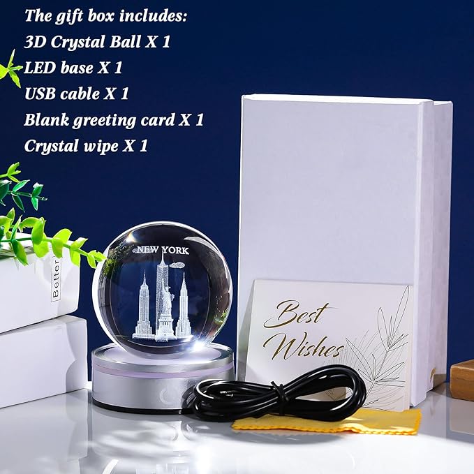 Movdyka 3D Crystal Ball Statue of Liberty New York Souvenirs Gifts for Women Men Snow Globe Night Light, Laser Engraved Empire State Building Figurine Home Room Decor Glass Art Crafts