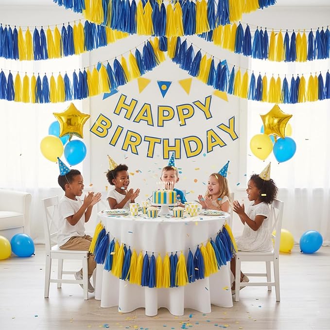 Yellow and Navy Blue Paper Tassel Garland,Tissue Tassel Banner for Party Decorations,Pack of 20