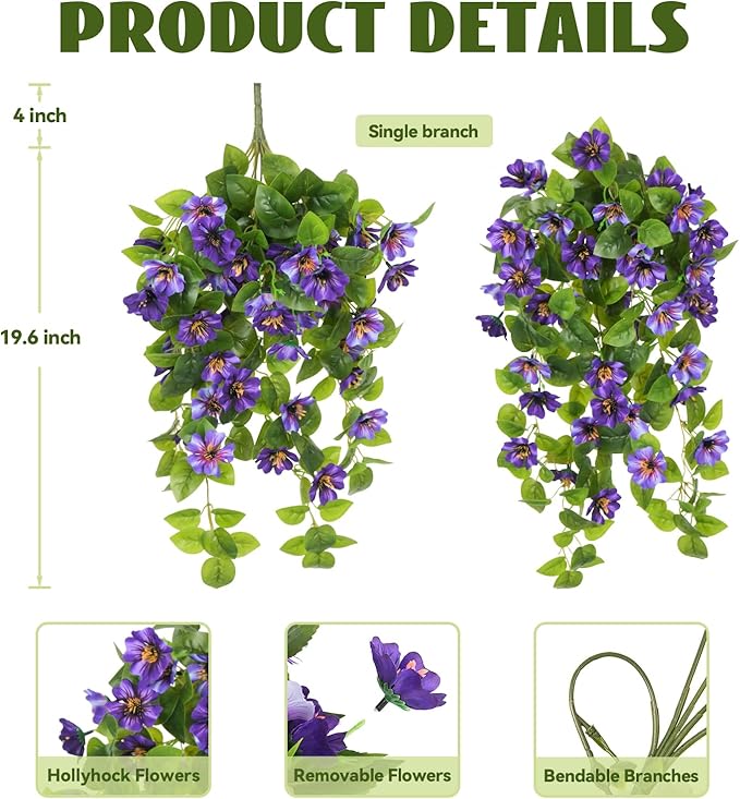 Fake Artificial Flowers Hanging for Outdoors Decor, 2 Bundles UV Resistant Faux Silk Flowers for Planters Porch Patio Window Yard Balcony Fence Decoration