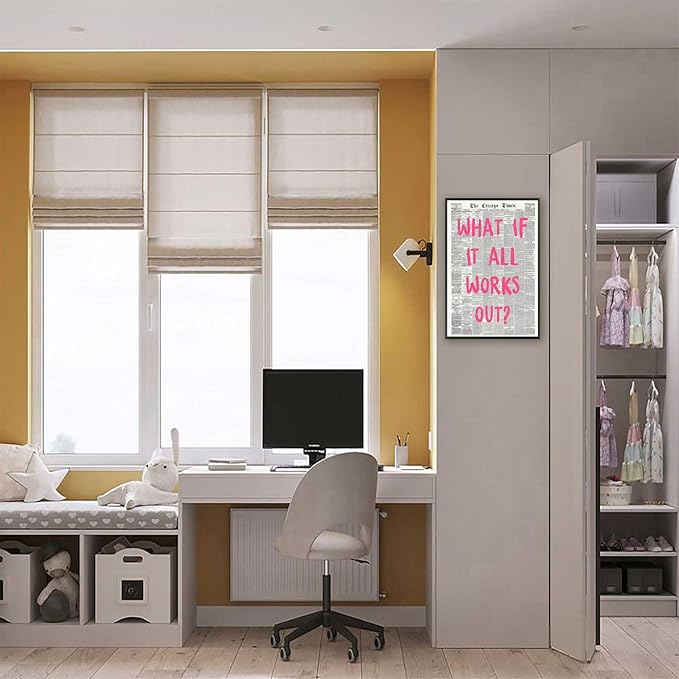 What If It All Works Out Poster Retro Newspaper Pink Font Canvas Wall Art Positive Affirming Quote Minimalist Prints Painting For Home Bedroom Dorm Wall Decor 24x36in Framed