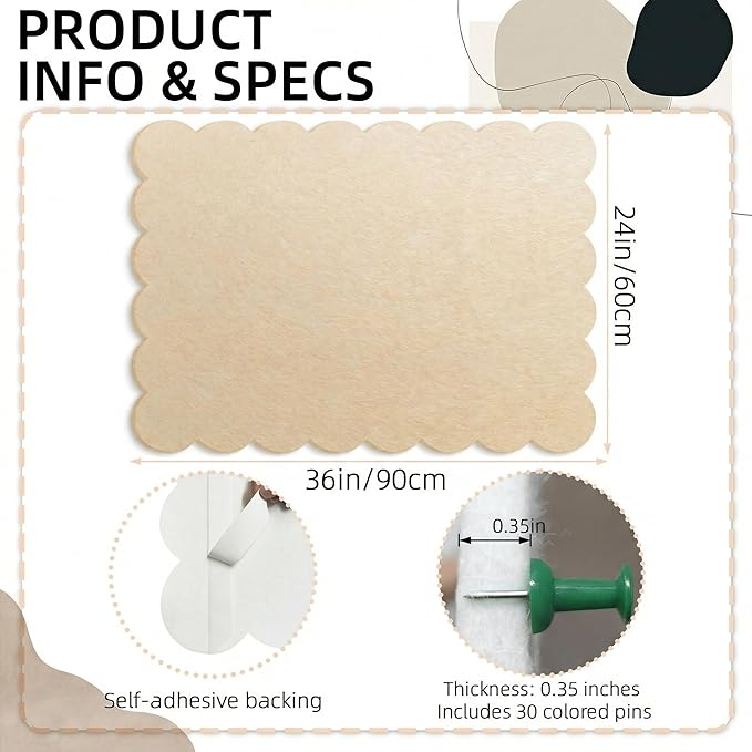 Scalloped White Felt Bulletin Board 36x24 Inches - Self-Adhesive Foldable, with 30 Pushpins, Cork Board Alternative - Decorative Pin Board for Wall, Home, Office & School (Flesh Pink, 36"x 24")