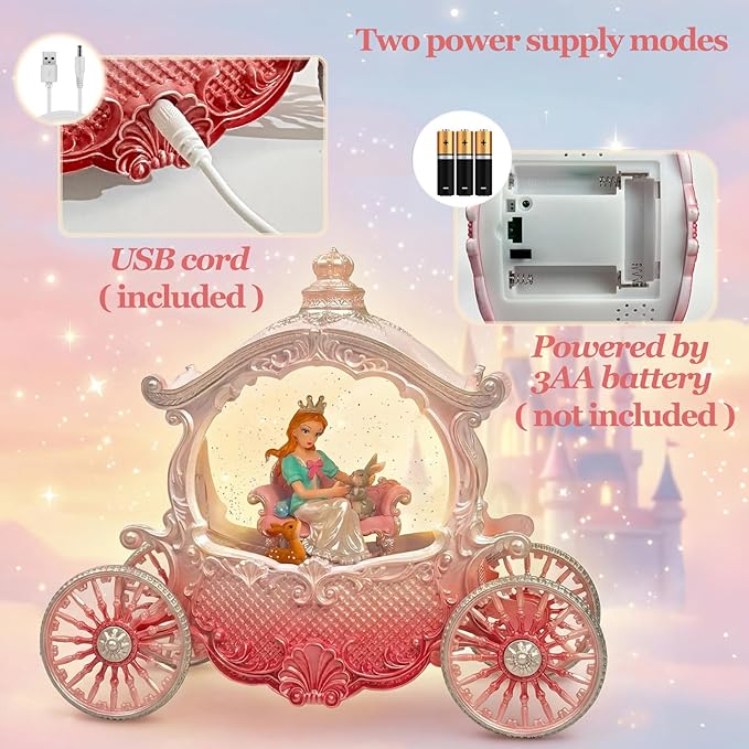 Christmas Pink Carriage Snow Globe with Music and Pricess - Christmas Snow Globes - Battery Or USB Cable Powered Operated (Pink Princess)