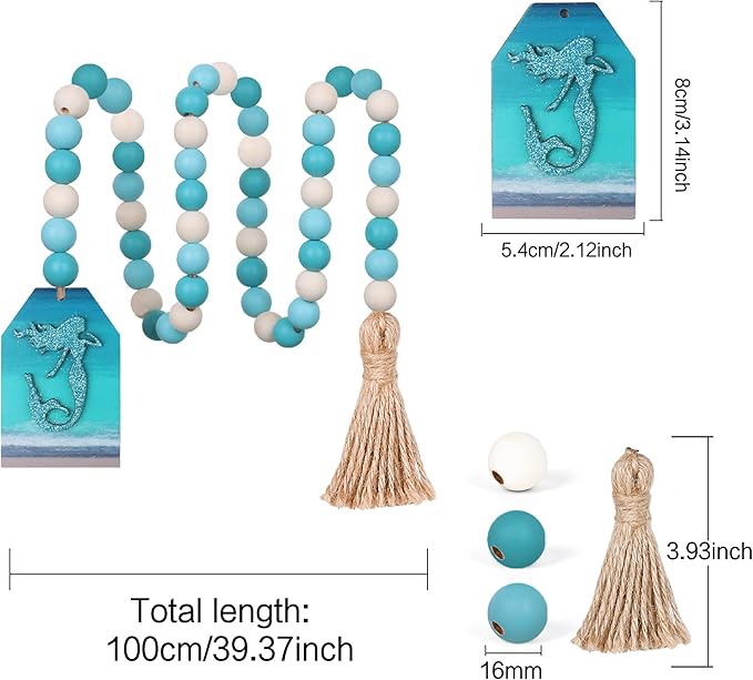 Meplait Wood Bead Garland, Coastal Tassel Garland with Mermaid Tag Beach Farmhouse Decor for Tiered Tray Table Centerpiece Wall Home Decoration