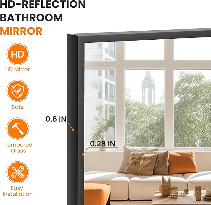 TRAHOME Bathroom Vanity Mirror for Wall, 20" x 30" Metal Framed Rectangular Bathroom Wall Mirror for Over Sink, HD Shatterproof Glass, Hangs Horizontally or Vertically(Black)