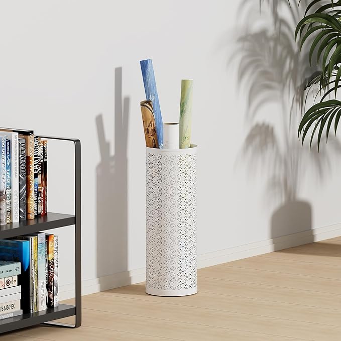 Metal Round Umbrella Stand Rack,Free Standing Umbrella Holder Bin,Canes Walking Sticks Holder for Entryway,Home,Office,White