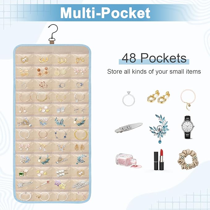 Dynoro Double-Sided Hanging Jewelry Organizer, Large Teal Storage Roll for Earrings, Necklaces, Rings, 48 Pockets 21 Hooks, Durable Oxford Fabric for Closet, Wall, Door, 1 piece, Jewelry Not Included