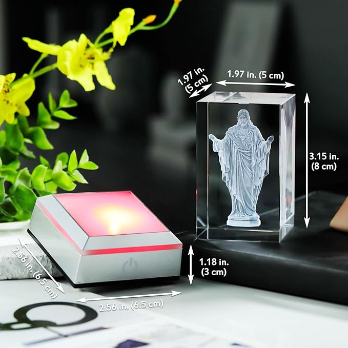 YWHL 3D Crystal Sacred Heart of Jesus Figurine with Colorful Light Base, Laser Engraved Classic Religious Statues Gifts for Women Men, Great Home Decor for Christian Catholic