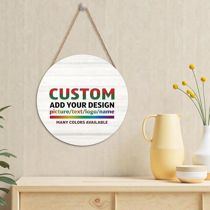 Personalized Wooden Hanging Sign 12x12 Inch Customized Name Plaque Board with Text Wreath Sign for Front Door Decor Farmhouse Wood Wreath Indoor Wall Hanging Decoration