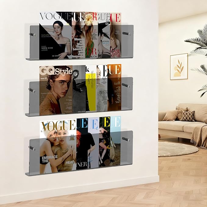 2-Pack 17 Inch Black Acrylic Magazine Holder, Sleek Wall Mounted Brochure Rack & Floating Bookshelf, Modern Stylish Magazine Display for Office, Waiting Room, Living Room, Fashion Home Decor