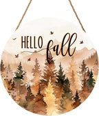 Hello Fall Wreath for Front Door Outside Autumn Thanksgiving Welcome Sign Fall Forest Trees Wood Door Hanger 12x12 Inch Rustic Farmhouse Indoor Outdoor Decor for Home Porch Wall Hanging Plaque