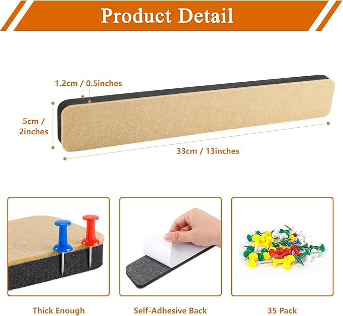 8Pcs Rectangle Felt Cork Board Bar Strips with 35 Pushpins, Self-Adhesive Bulletin Board Strips for Office School Home Wall Decor Stickers Memos Schedules Photos Display -Camel & Grey