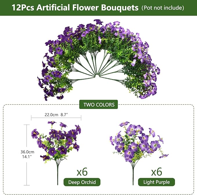INQCMY Artificial Fake Flowers for Outdoor Spring Decoration,12 Bundles Faux Silk Colorful Morning Glory with Eucalyptus UV Resistant Realistic Fake Plants for Outside Planter Porch Patio Yard Garden