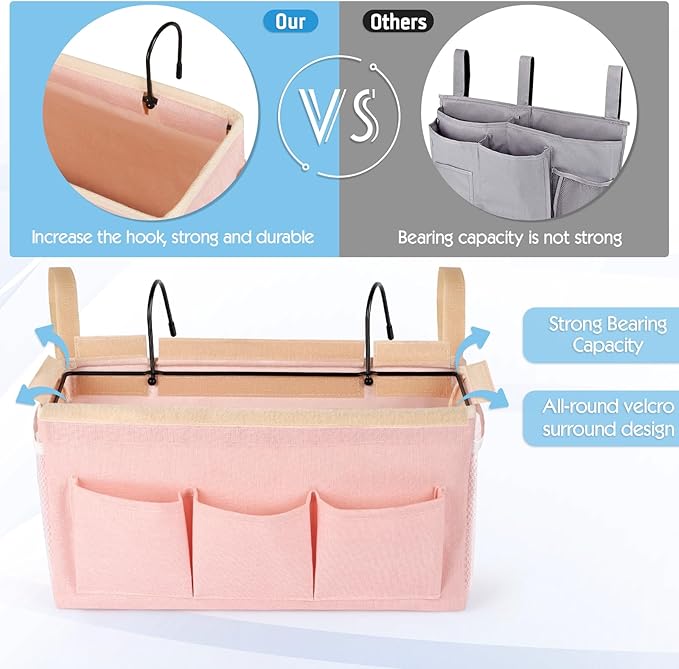 Bedside Storage Caddy/Bedside Hanging Storage Bag for Headboards Bunk Beds Dorm Rooms Book Phone Magazine Holder (New Pink)