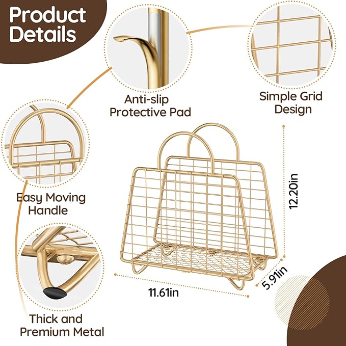 Gold Magazine Holder,Modern Magazine Rack Floor,Metal Wire Magazine Basket,Handbag Design Magazine Storage Organizer for Magazines File Book Newspaper Vinyl Record Albums