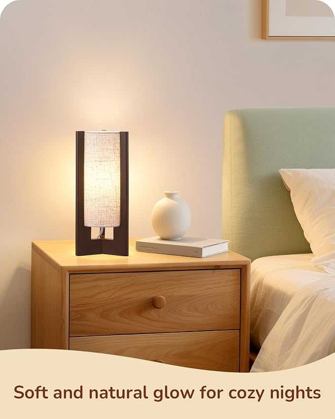 EDISHINE Wood Table Lamp, 13.5" Small Bedside Lamp, Beige Linen Shade, Rosewood Cylinder Nightstand Lamp for Bedroom Living Room, On-Off Line Switch, E26 Base (Bulb Not Included)