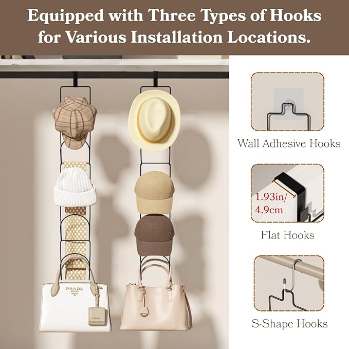 18 Pack Over The Door Hat Organizer for baseball caps | Multi-Functional Baseball Hat Rack for Closet | Wall Mounted Hat s torage organizer | 5 types of accessories cap holder stand w hooks ,Black
