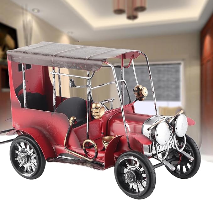 Vintage Classic Car Model Miniature, Old Vintage Car Desktop Decor, Red Tin Alloy Retro Automobile Ornament with Authentic Details for Home Office Bar Wedding Gift