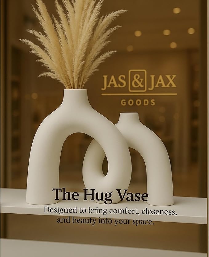 Cream White Decorative Vase Set - Modern Hug Donut Ceramic Vases by JAS & JAX GOODS, Minimalist Boho Style Centerpiece for Console Table, Living Room, Bookshelf, or Fireplace Mantel