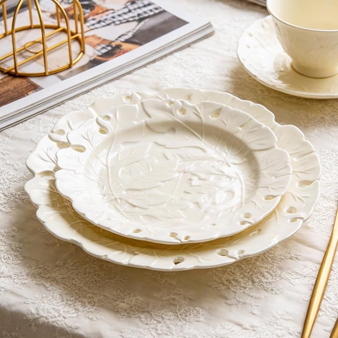 KAMMAK Ceramic Decorative Plate Set of 2, Porcelain Plates for Kitchen Dining Room Wine Cabinet Home Decor, Vintage Collector Plates with 2 Display Stand, Cream-White Leaves (8-inch + 10-inch)