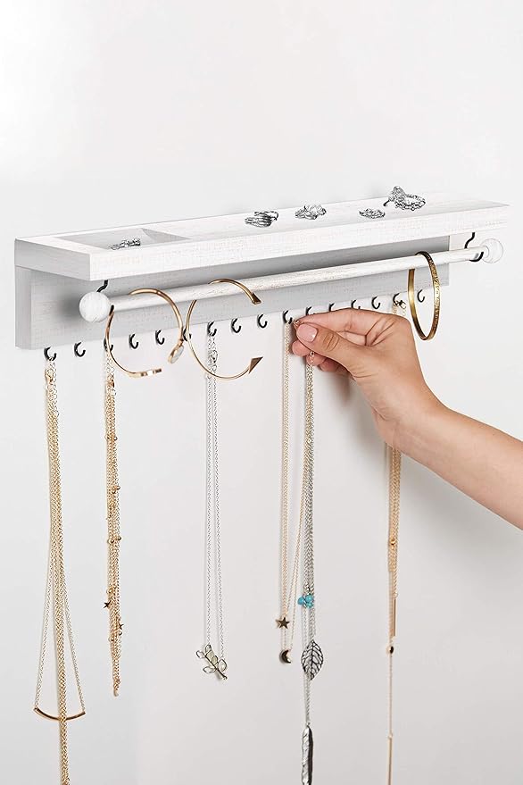 Rustic White Necklace Jewelry Organizer - Wall Mount Jewelry Holder - Mounted Hanging Jewelry Storage Hooks for Necklace, Earrings, and Rings - Farmhouse Wood Decor Bedroom Boho Shelf Rack