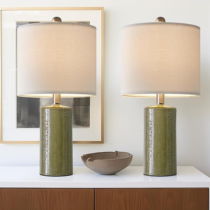G-SAFAVA 20.25" Small Table Lamps Set of 2 Modern Ceramic Lamps for Living Room Farmhouse Bedside Lamps Boho Lamps for Night Stands Green Bedroom Lamps Side Table Lamps End Table Lamps