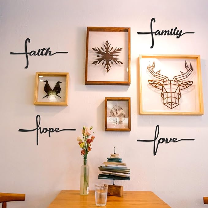 Bnesi Metal Wall Art Sign 4-Piece Set: Love, Faith, Family, Hope - 15 x 8 in Waterproof Religious and Spiritual Hanging Cross Wall Decor for Home Decoration