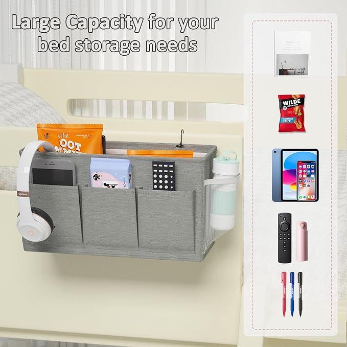 Edudif Dual-purpose Bedside Caddy Bedside Organizer, Bed Caddy with 6 Pockets, Versatile Bedside Storage Solution Magazine Remotes holder, ideal for Home, Dorm, Hospital, Crib Bed