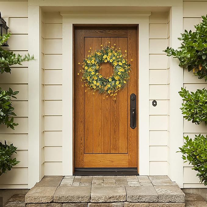 Sggvecsy Yellow Daisy Wreath 24 Inch Spring Summer Wreath Fake Silk Floral Wreath with Green Eucalyptus Leaves and Lavender for Front Door Window Wall Wedding Farmhouse Festival Decor