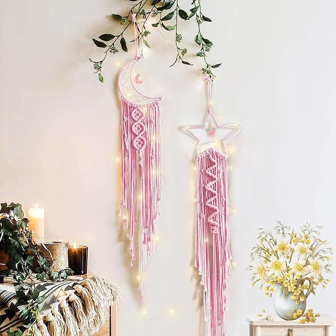 Tarklanda Moon Star Dream Catcher Decor, 2pcs Boho Home Moon Star Dreamcatcher, Macrame Wall Hanging Boho Home Decor for Kids Baby Bedroom Decoration for Women Mom Girls Craft Pink