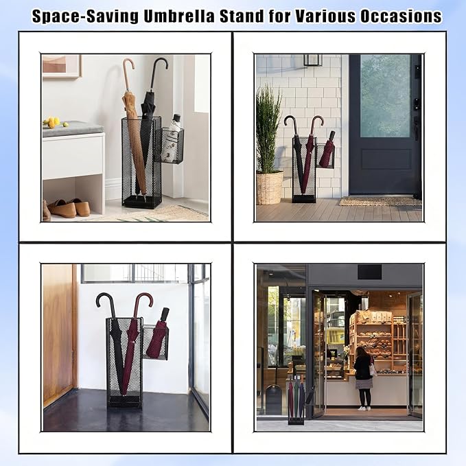 OwnMy Metal Umbrella Holder for Entryway, Indoor Umbrella Stand for Entryway with Small Basket and Draining Tray, Modern Umbrella Storage Stand Rack for Home Office Hotel Entrance, 16.5" Height