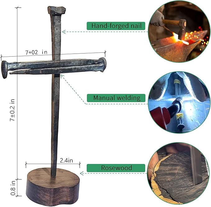 LeMeeOly Jesus Christ Crucifixion Nail Metal Cross Wooden Base, Religious Gifts for Mom Mothers Day, Baptism & Religious Gifts for Men Women,Christian Home Decor (Solid Wood Base)
