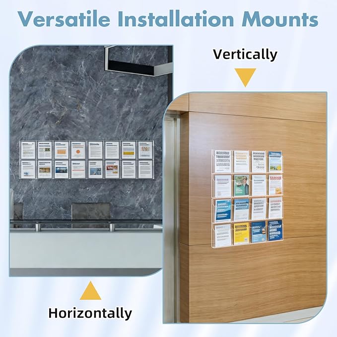 Acrylic Brochure Pamphlet Holder, 16 Magazine Holders, Clear Brochure Display Stand Wall Mount, Trifold Flyer Rack, Literature Storage Rack for Home, Offices, Waiting Room
