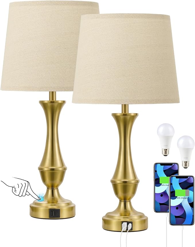 Seealle Upgraded Touch Lamps for Night Stands Set of 2 - Bedside Lamps with USB C+A, 3 Way Dimmable for Bedroom Living Room End Tables Office (Gold)