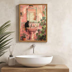 Framed Funny Bathroom Black Cat Wall Art, Vintage Cute Cat on Sink Pictures Wall Decor, Humor Animal Watercolor Paintings Canvas Prints for Restroom 12x16 inch