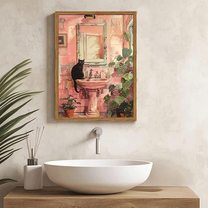 Framed Funny Bathroom Black Cat Wall Art, Vintage Cute Cat on Sink Pictures Wall Decor, Humor Animal Watercolor Paintings Canvas Prints for Restroom 12x16 inch