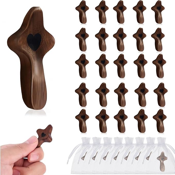 zyphonic Pocket Wooden Cross, Black Walnut with Heart Design, Religious Comfort Gift with Organza Bags Christian Encouragement Gift Handheld Stress Relief (25)