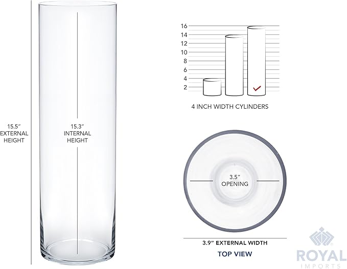 Royal Imports Flower Glass Vase Decorative Centerpiece for Home or Wedding - Cylinder Shape, 16" Tall, 4" Opening, Clear