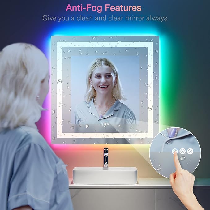 LOAAO 32"X32" LED Bathroom Mirror with Lights, Anti-Fog, Dimmable, RGB Backlit + Front Lighted, Bathroom Vanity Mirror for Wall, Memory Function, Waterproof, Tempered Glass