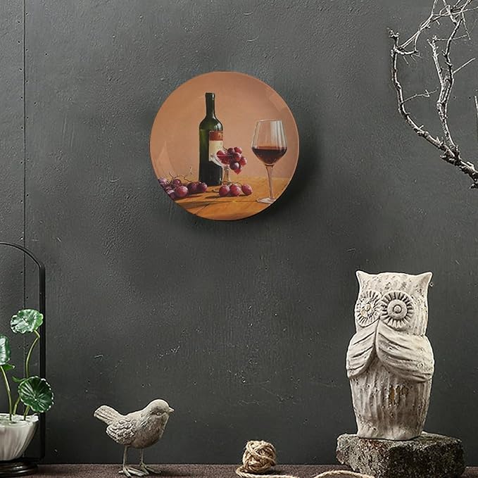 Decorative Ceramic Plates, 8 Inch, Goblet Wine Bottle Transparent Round Display Plate, Decorative Plates with Stand, for Kitchen Party Coffee Table Decor Art