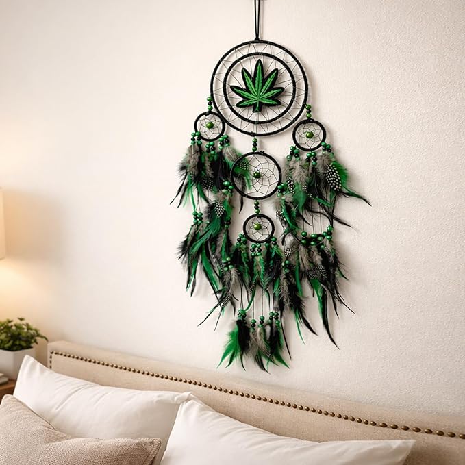 Dream Catchers, Green Leaf Weed Dreamcatcher Wall Hanging Ornament for Bedroom Living Room Apartment Wedding Party Decor, Festival Blessing Gift (Leaf-L)
