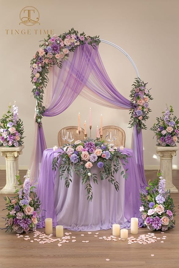 TINGE TIME Artificial Sweetheart Flower Swag with Tablecloth and Table Runner, Pack of 3 Floral Arrangement for Wedding Sweetheart Table Centerpiece Decoration (Violet & Misty Rose)