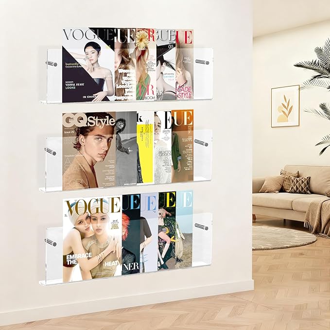 2-Pack 17 Inch Clear Acrylic Magazine Holder, Sleek Wall Mounted Brochure Rack & Floating Bookshelf, Modern Invisible Magazine Display for Office, Waiting Room, Living Room, Fashion Home Decor