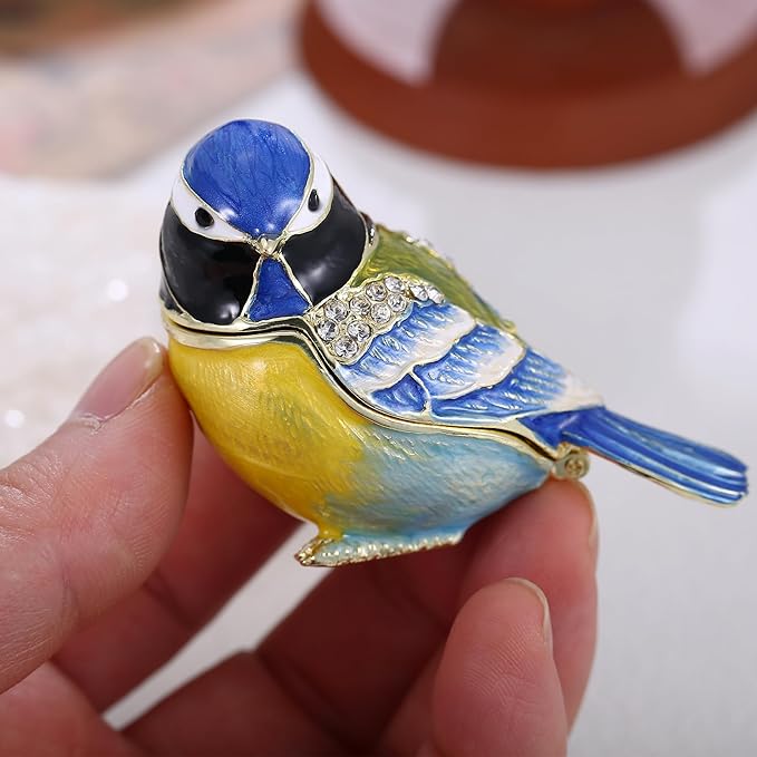 Hand Painted Trinket Box for Home Decor Accents, Enamel Hinged Jewelry Box for Bookshelf Office Table Desk Decoration, Classical Figurine Collectible Keepsake Animal Sculptures (Blue Jay)