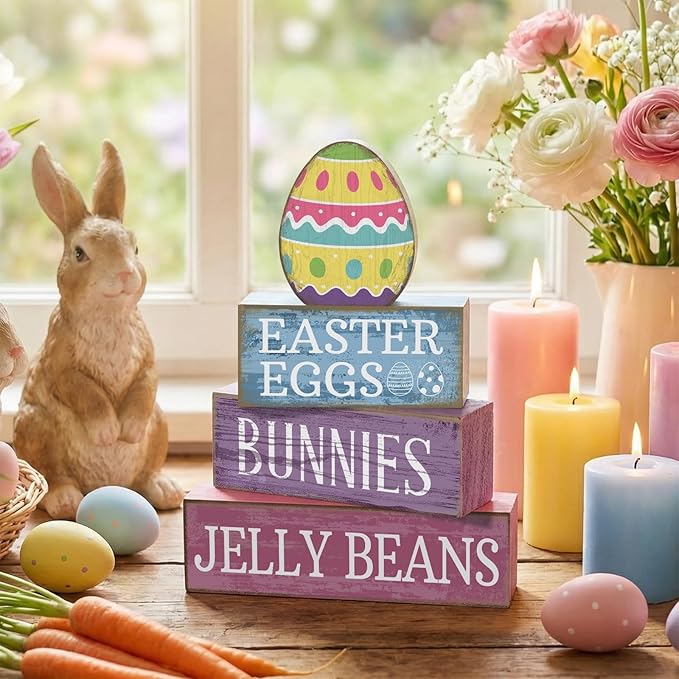 Lineshading 4 Pcs Easter Table Decoration Wooden Pastel Egg - No Assembly Required Reusable Happy Easter Tiered Tray Decor, Perfect for Home Kitchen Shelf Party Farmhouse Centerpieces & Holy Week Gift