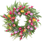 Spring Summer Wreaths for Front Door,22 Inch Artificial Tulip Wreath with Wildflowers,Eucalyptus Leaves for Indoor Outdoor Wall Porch Festival Farmhouse Home Holiday Decor.