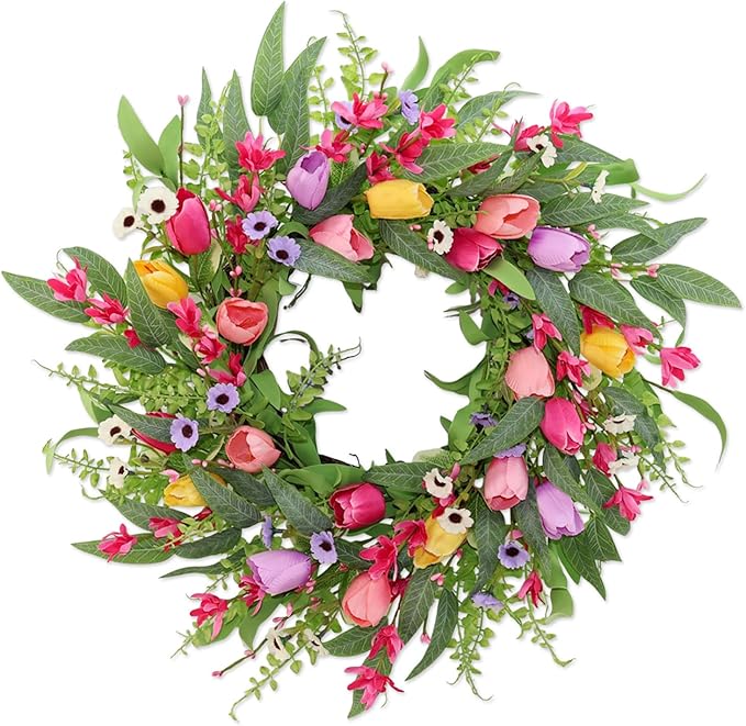 Spring Summer Wreaths for Front Door,22 Inch Artificial Tulip Wreath with Wildflowers,Eucalyptus Leaves for Indoor Outdoor Wall Porch Festival Farmhouse Home Holiday Decor.