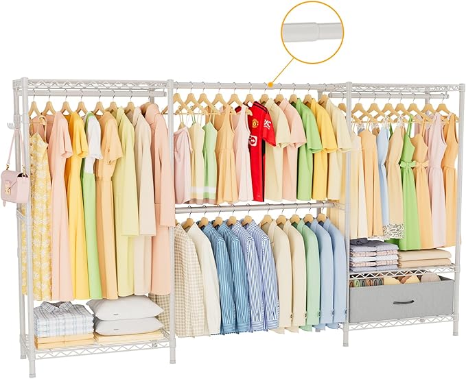 Coat Rack Clothes Wardrobe：Closet Organizer and Storage Clothing Garment Rack with Shelves Heavy Duty for Hanging Clothes Portable Adjustable White 15.8" DX69 WX76.5 H