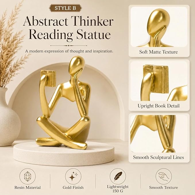 Gold Accent Bookshelf Decor Thinker Statue, Abstract Reading Figurine Style B, Resin Decorative Bookend for Coffee Table, Shelf, Office, Library