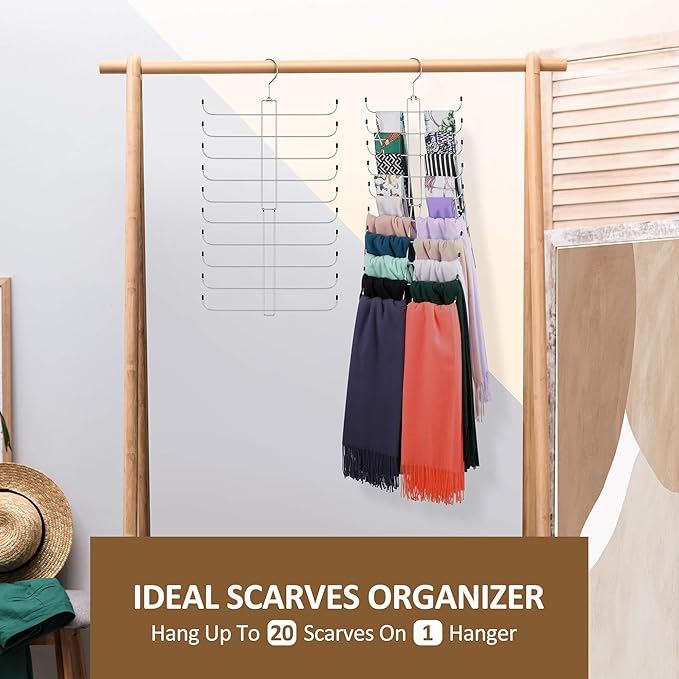 ZEDODIER Scarf Organizer Scarf Hanger for Closet, 2 Pack Rotatable Sturdy Hijab Holder Holds 40 Scarves, Space Saving Closet Organizers and Storage, Silver
