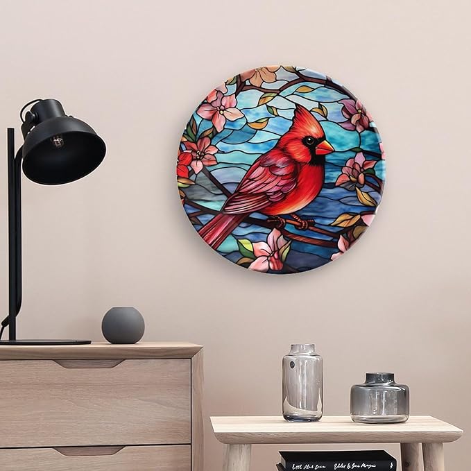 Decorative Plates for Wall Hanging, Cardinal Bird Colorful Stained Glass Painting Ceramic Plate w/Display Stand, Home Decor for Kitchen Cabinets, Round Tray 10 Inch, Gift for Loss of Loved